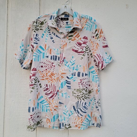 Tasso Elba multi colored leaf print silk blend button-down shirt mens sz med - Picture 1 of 5